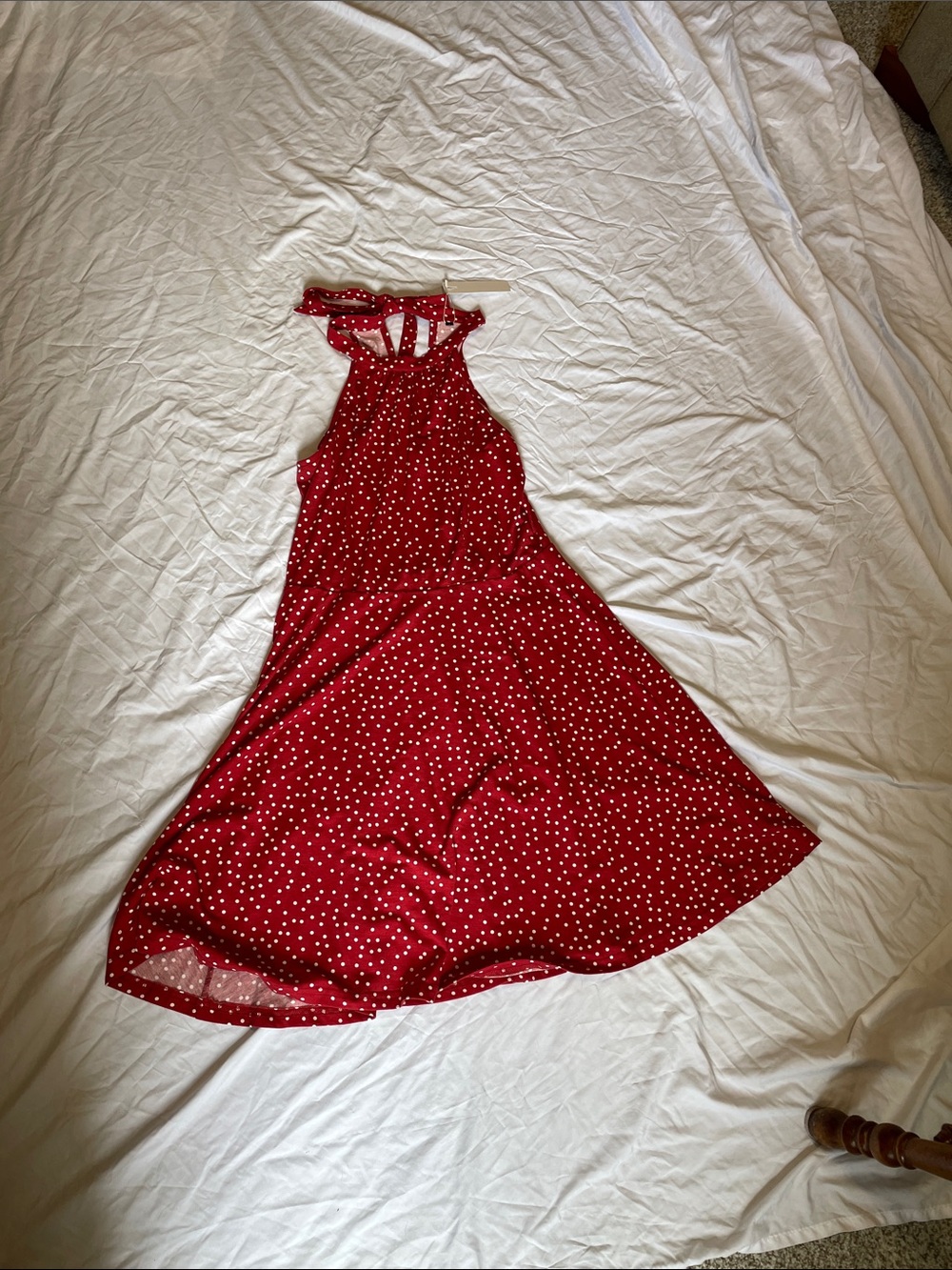 Red Polka Dot Midi Dress with High Neck
